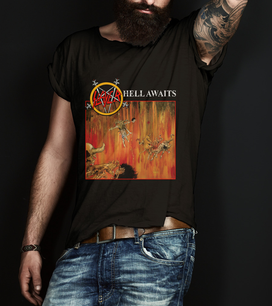 Slayer Hell Awaits Logo With Demonic Falling Figures And Fiery Scene T-Shirt