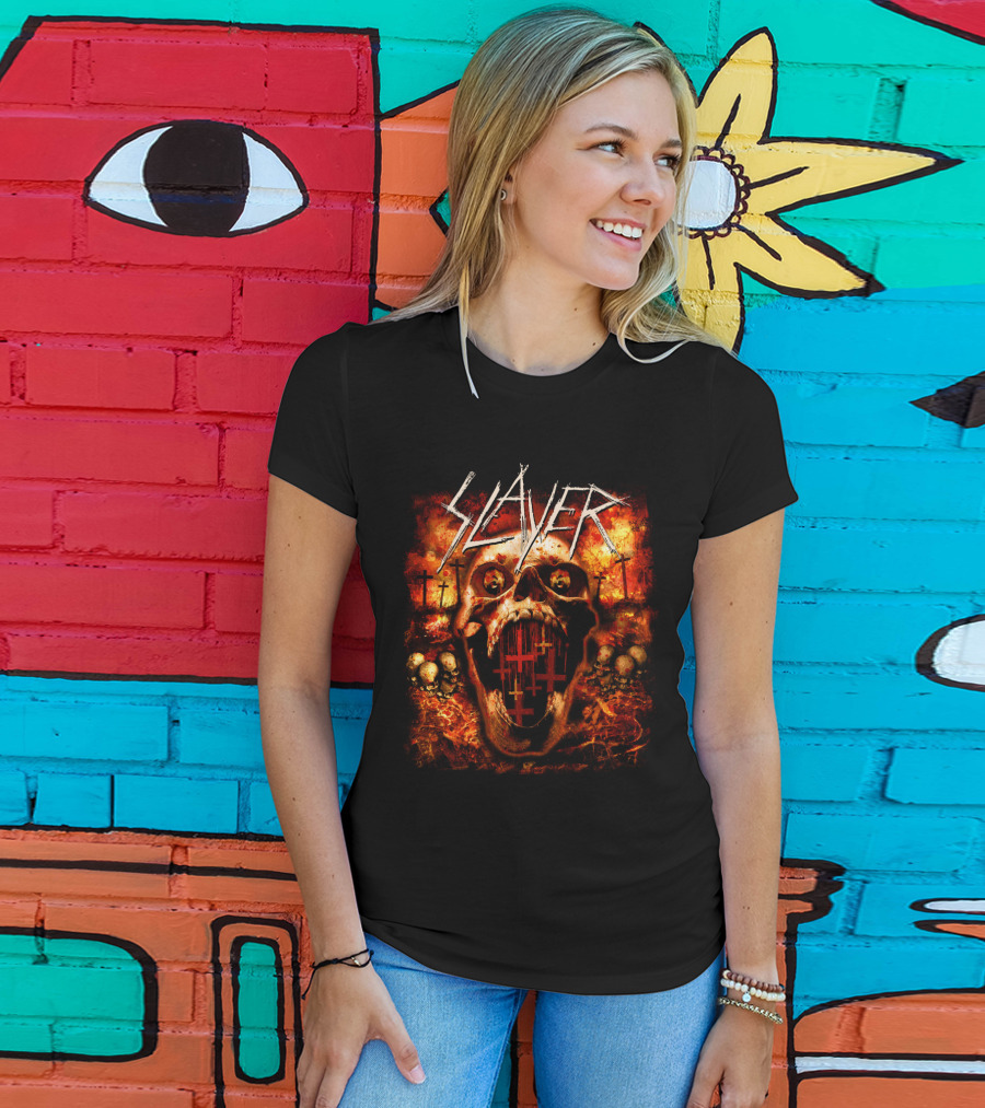 Slayer Skull Flames Crosses Metal Band Art T-Shirt