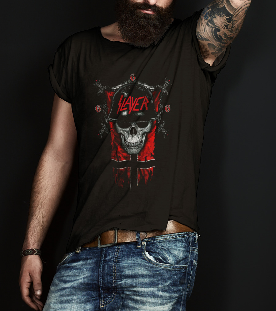 Slayer Skull Helmet Swords And Red 666 Banner T-Shirt
