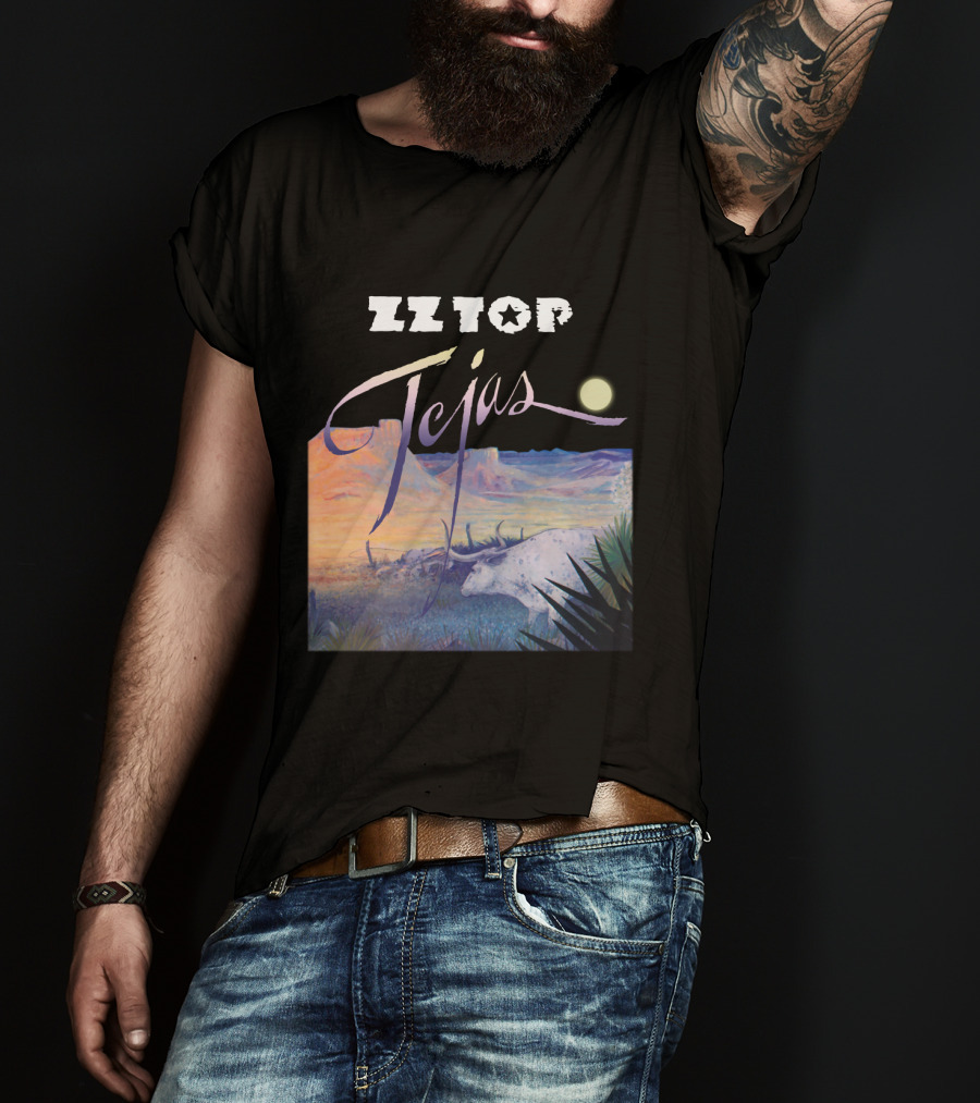 Zz Top Tejas Desert Scene With White Longhorn Under Moon T-Shirt