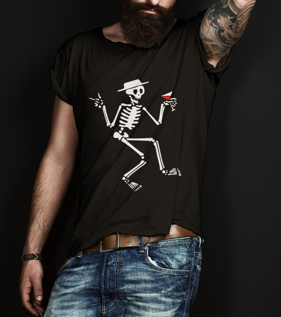 Sd 28 Dancing Skeleton With Hat Smoking Cigarette And Holding Cocktail T-Shirt