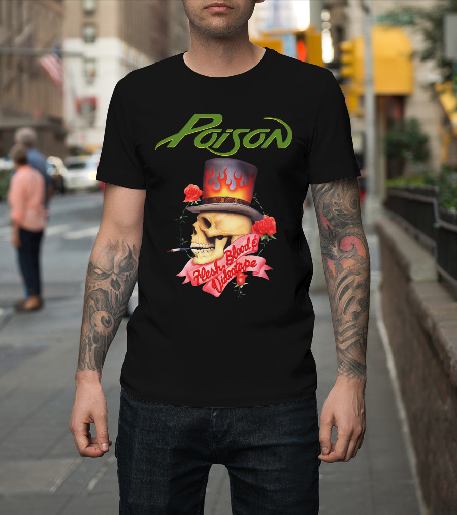 Poison Flesh Blood & Videotape Skull With Roses And Cigarette T-Shirt