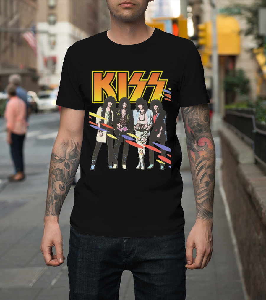 Kiss Band Retro Look With Colorful Stripes T-Shirt