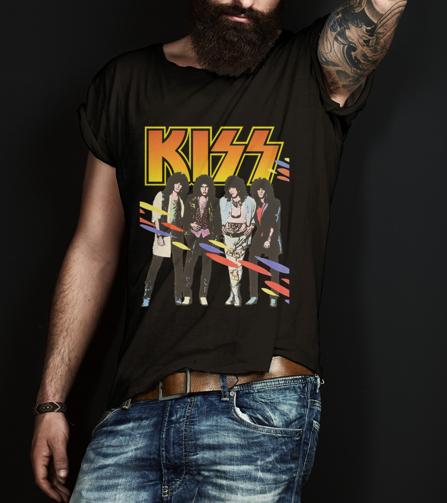 Kiss Band Retro Look With Colorful Stripes T-Shirt
