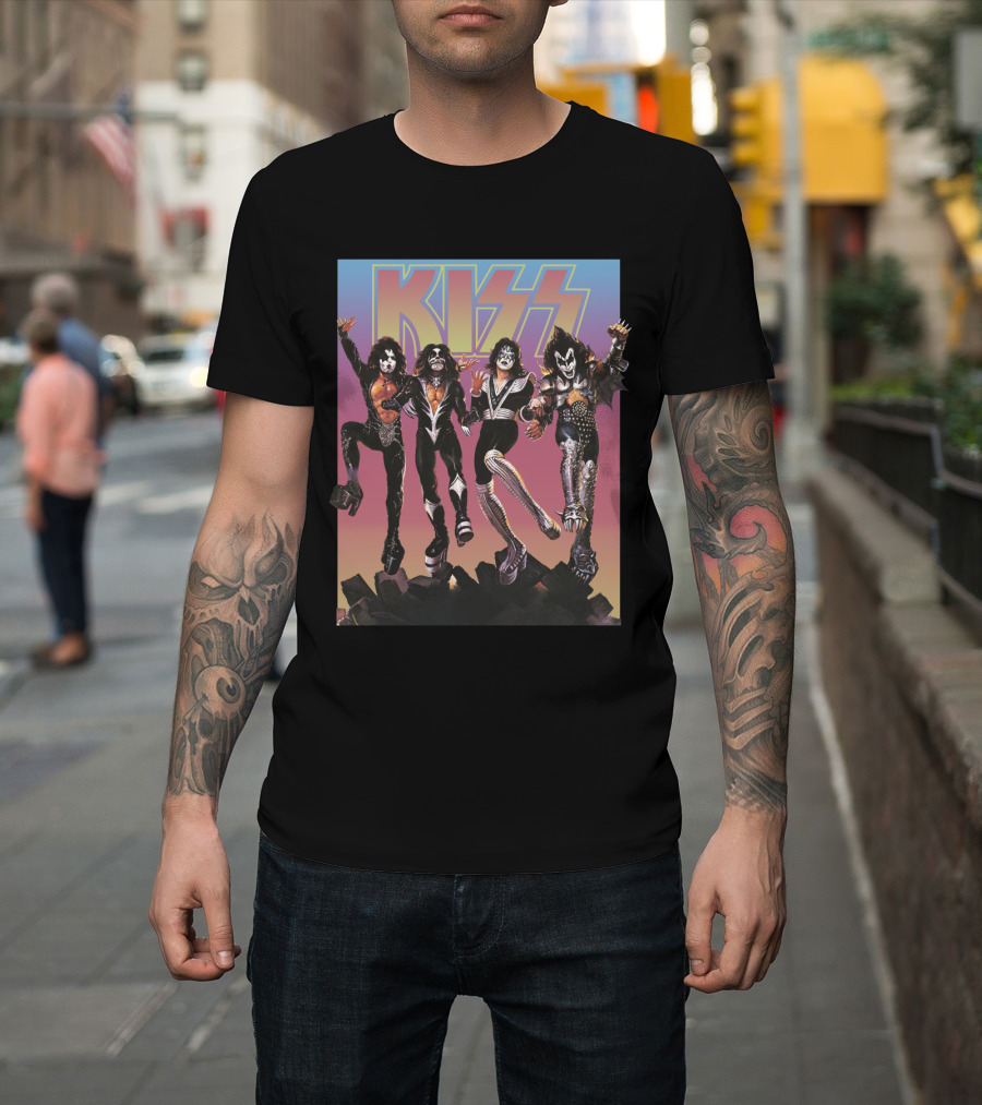 Kiss Band Characters With Bold Logo And Colorful T-Shirt