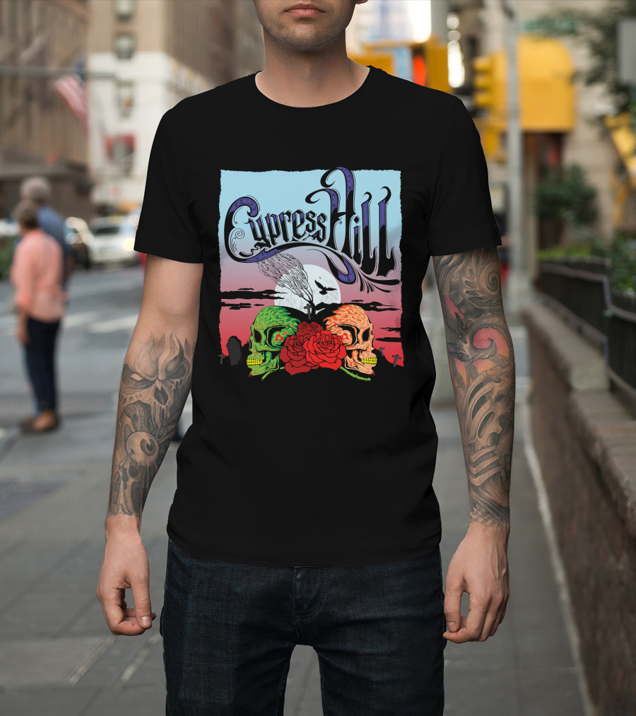 Cypress Hill Two Skulls And Roses With Moon And Raven T-Shirt