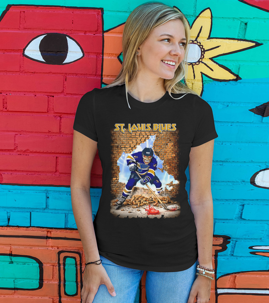 St. Louis Blues Hockey Skeleton Breaking Brick Wall T-Shirt