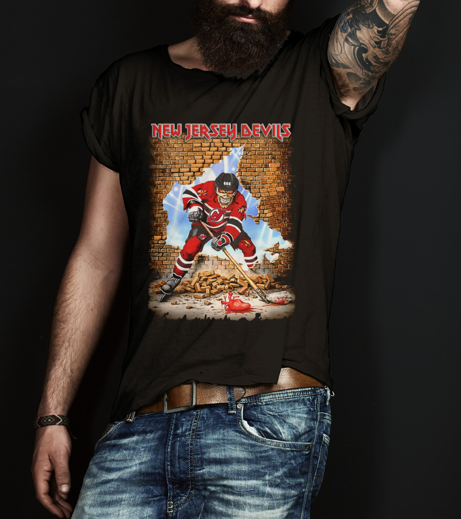 New Jersey Devils Hockey Skeleton Breaking Through Brick Wall T-Shirt