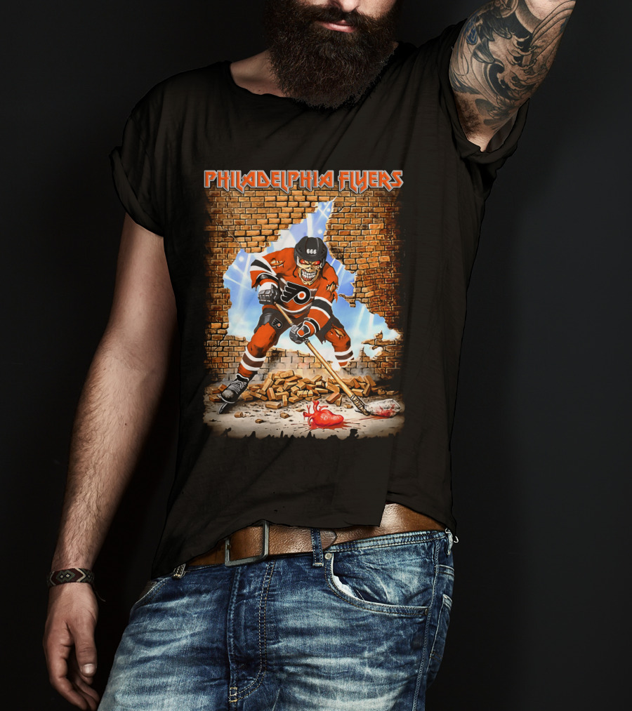 Philadelphia Flyers Skeleton Hockey Player Breaking Wall T-Shirt