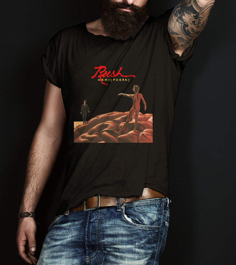 Rush Hemispheres Red Text Nude Figure On Brain With Man In Black Suit T-Shirt