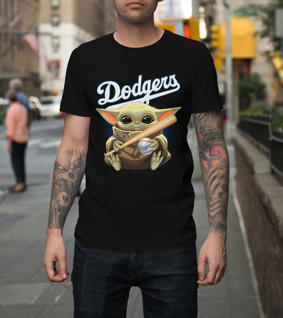 Dodgers Baby Yoda Holding Baseball Bat And Ball T-Shirt