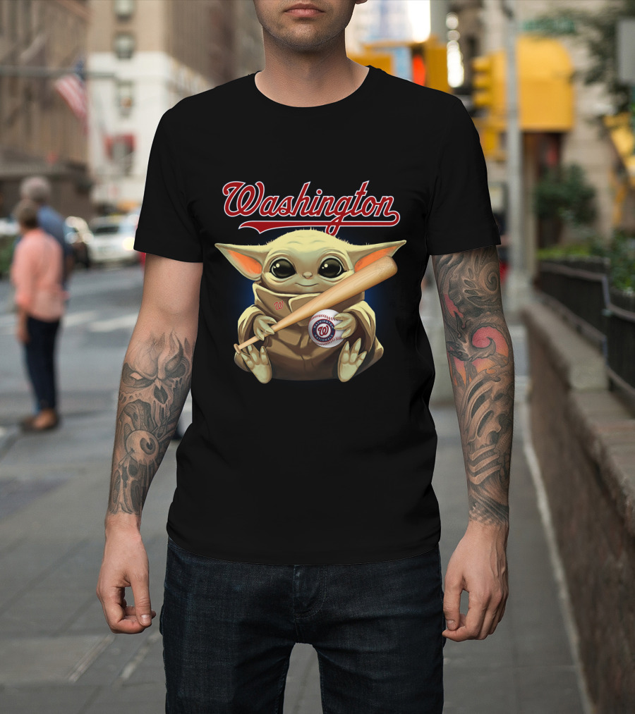 Washington Nationals Baby Yoda Baseball Bat And Ball T-Shirt