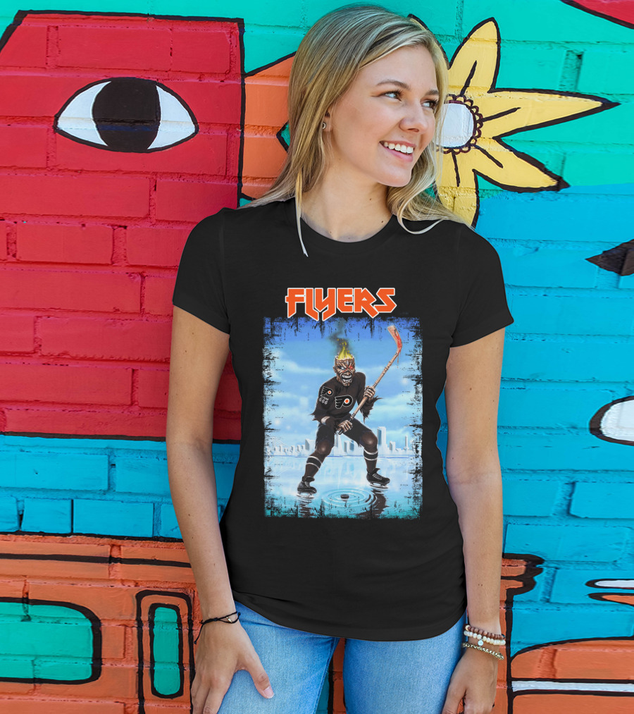 Flyers Hockey Demon With Flaming Head And Stick In Ice City Background T-Shirt