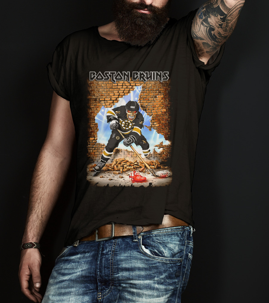 Boston Bruins Hockey Player Breaking Through Brick Wall T-Shirt