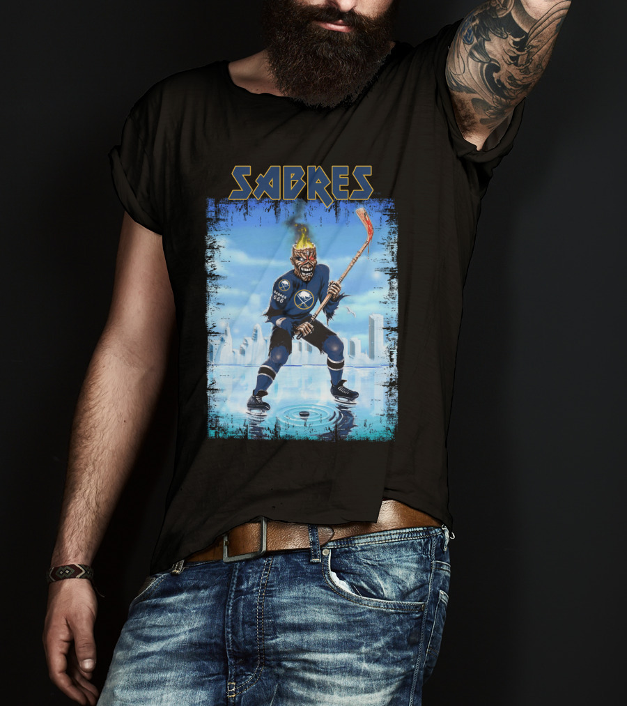 Sabres Hockey Themed Artwork With Dark Background And Fiery T-Shirt