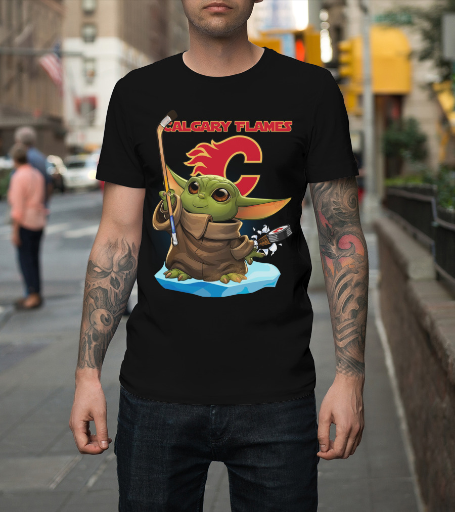 Calgary Flames Baby Yoda Hockey Puck T-Shirt