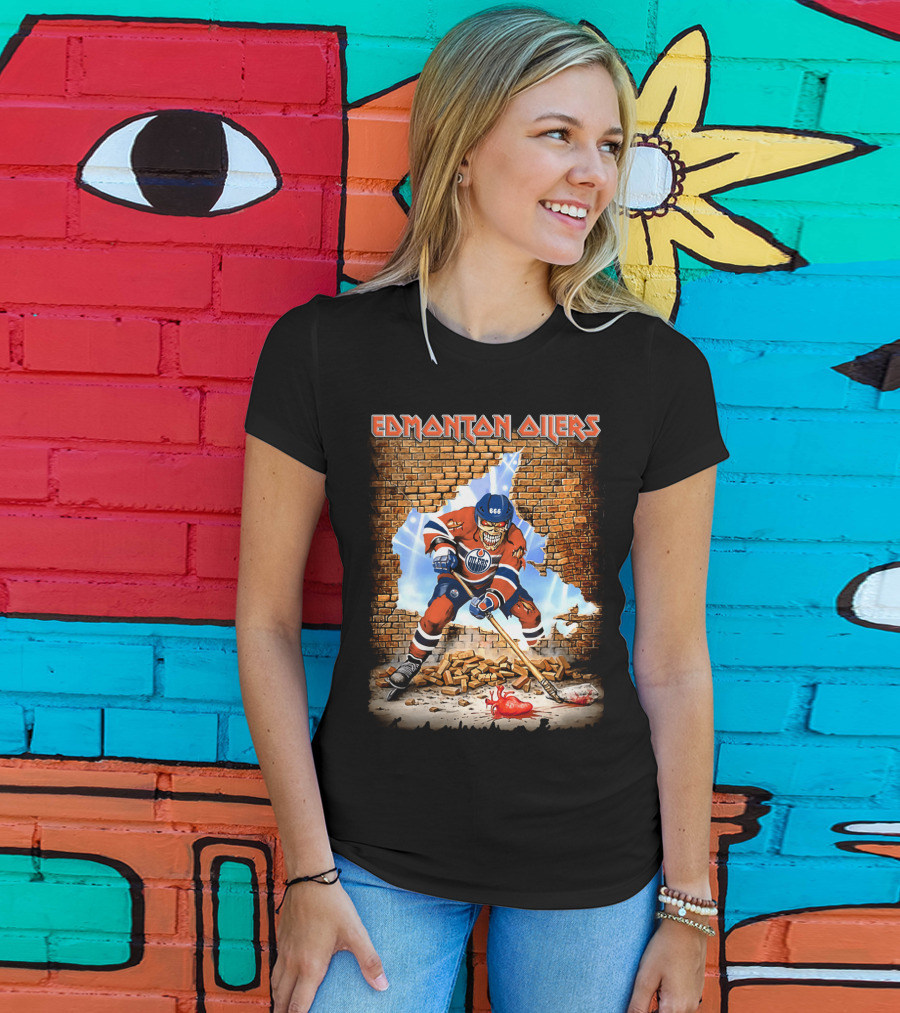 Edmonton Oilers Hockey Skeleton Breaks Through Brick Wall T-Shirt
