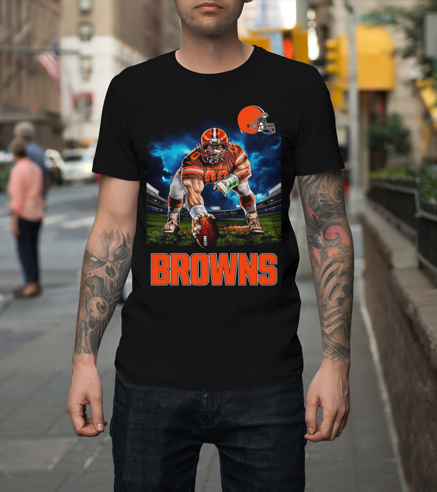 Cleveland Browns Nfl 3 Point Stance Football Player Stadium Scene T-Shirt
