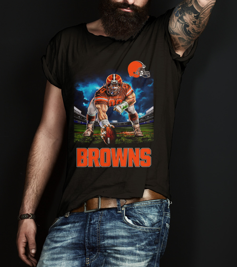 Cleveland Browns Nfl 3 Point Stance Football Player Stadium Scene T-Shirt