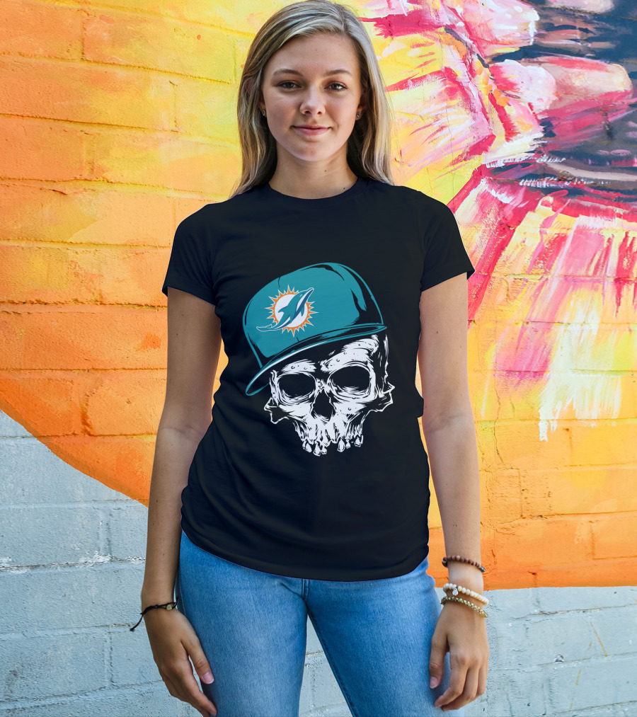 Miami Dolphins Skull With Teal Hat T-Shirt