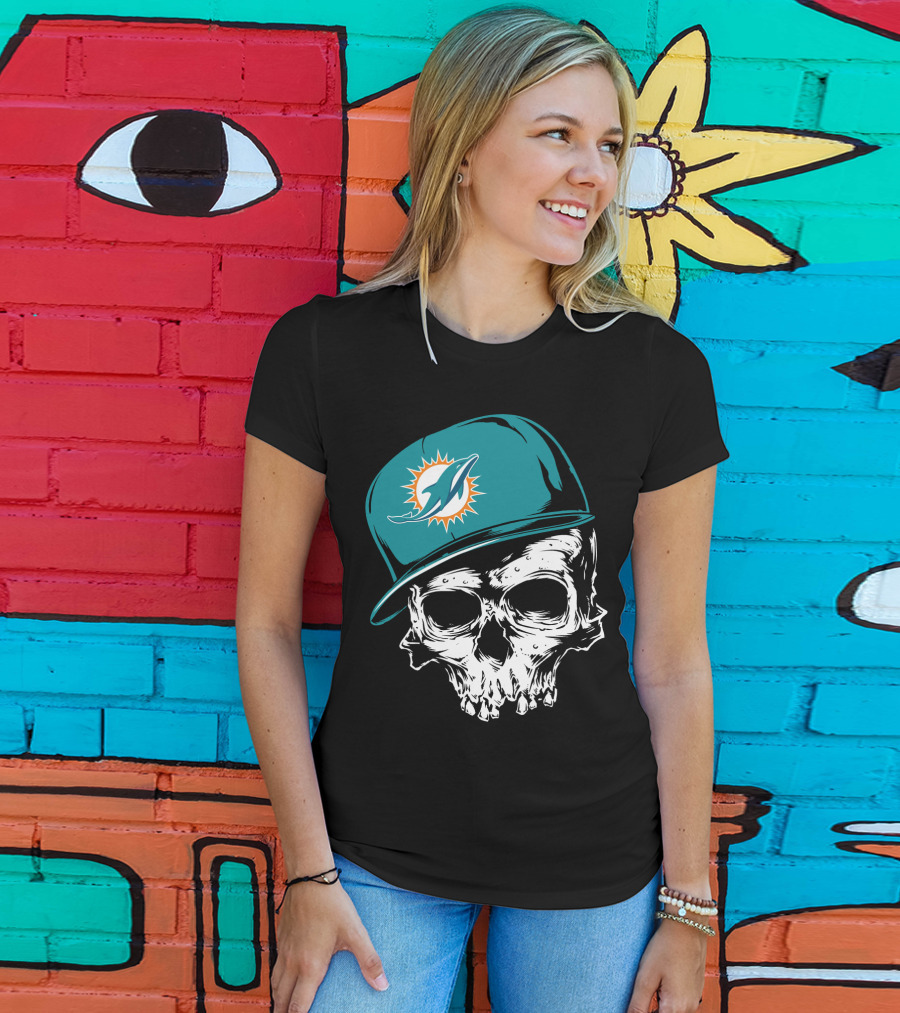 Miami Dolphins Skull With Teal Hat T-Shirt