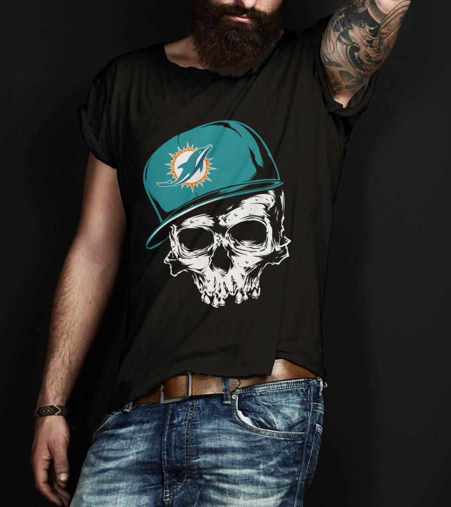Miami Dolphins Skull With Teal Hat T-Shirt