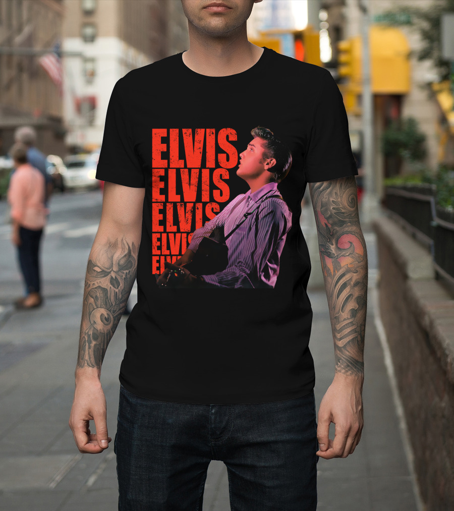 Elvis Vintage Style Portrait With Guitar T-Shirt