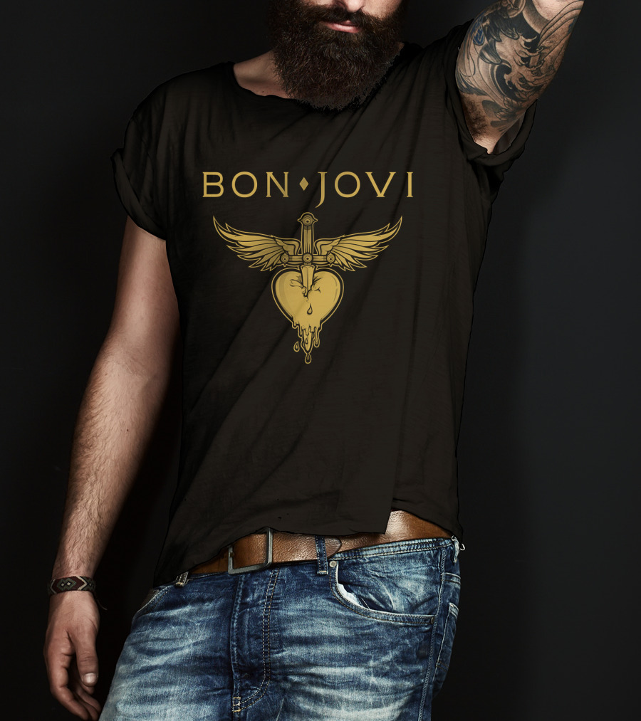 Bon Jovi Winged Dagger Heart Dripping Gold T-Shirt