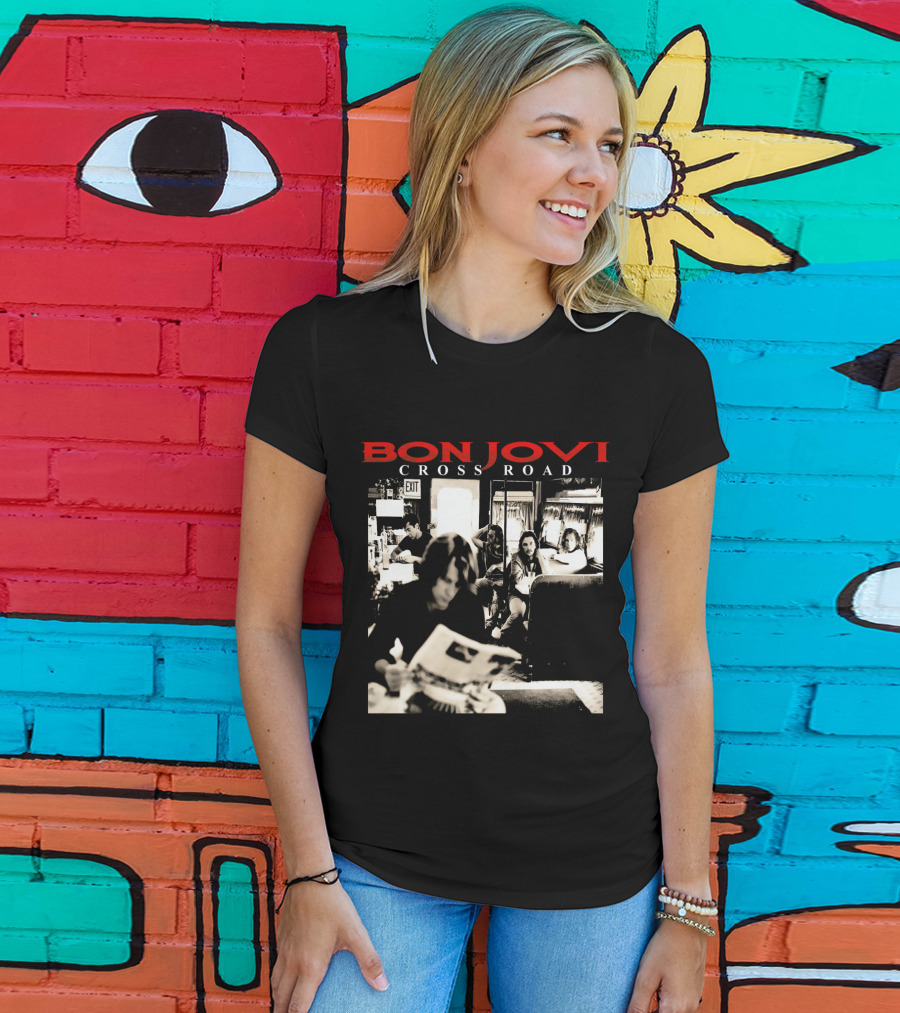 Bon Jovi Cross Road Album Cover Black And White Café Scene T-Shirt
