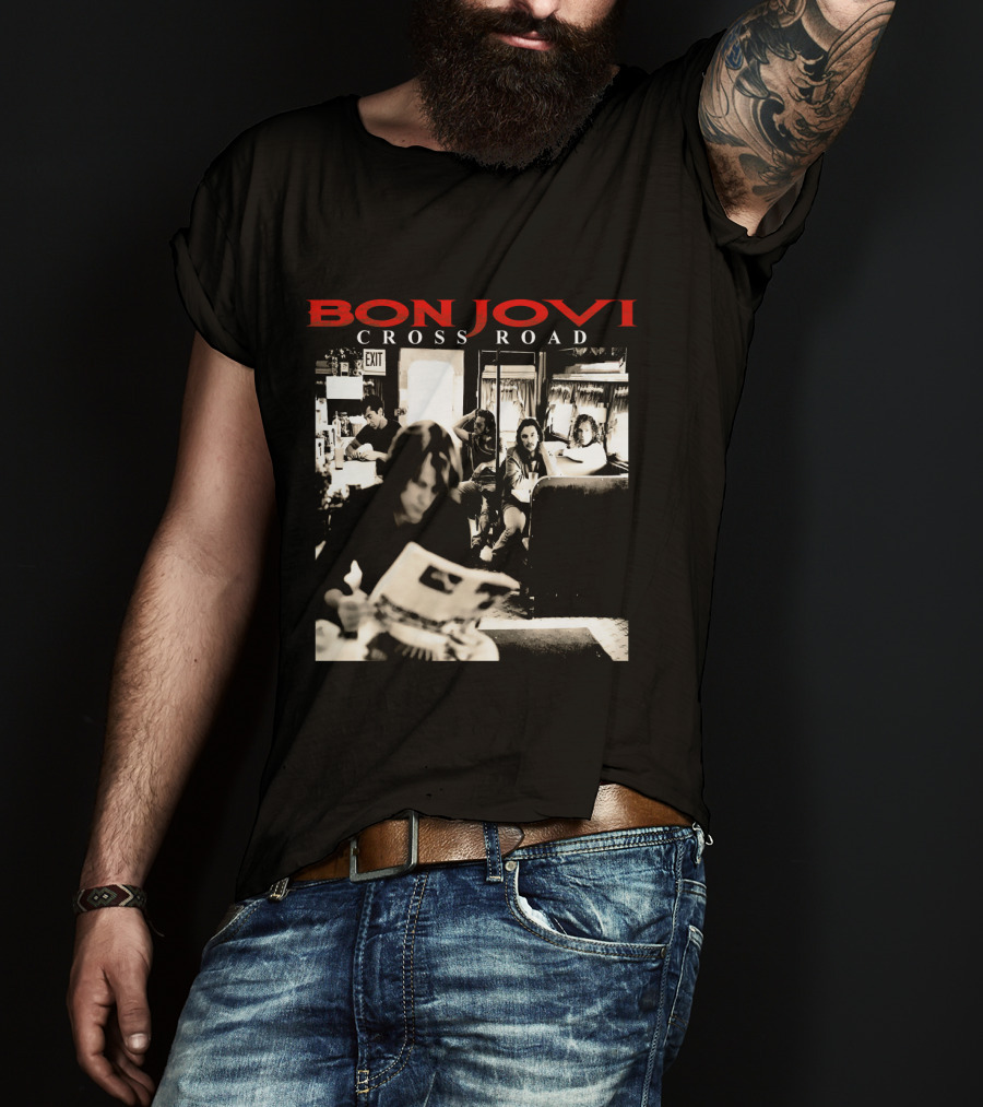 Bon Jovi Cross Road Album Cover Black And White Café Scene T-Shirt