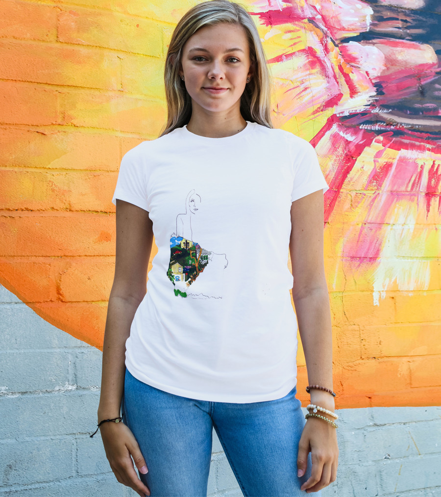Jnmc 03 Ladies Of The Canyon Line Art With Colorful Houses And Nature Scene T-Shirt