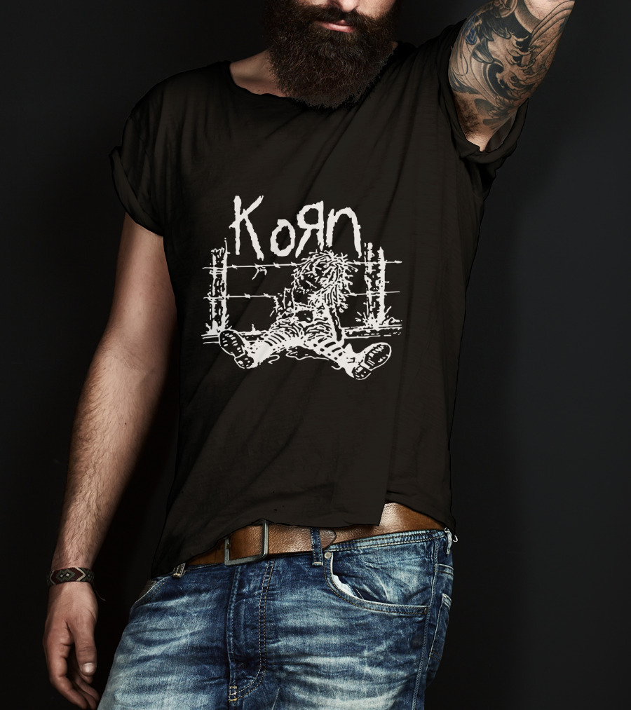 Korn Grunge Style Sitting Figure With Barbed Wire Background T-Shirt