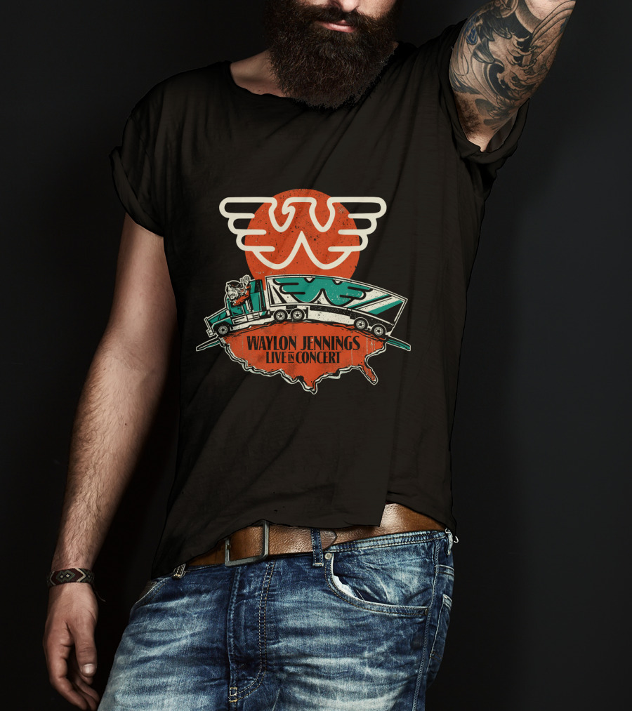 Waylon Jennings Live In Concert Truck Graphic USA Outline T-Shirt