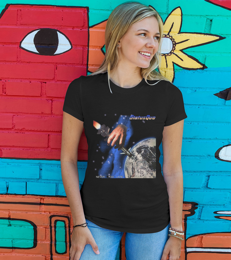 Status Quo Never Too Late Album Cover Space Hand Rocket Earth T-Shirt