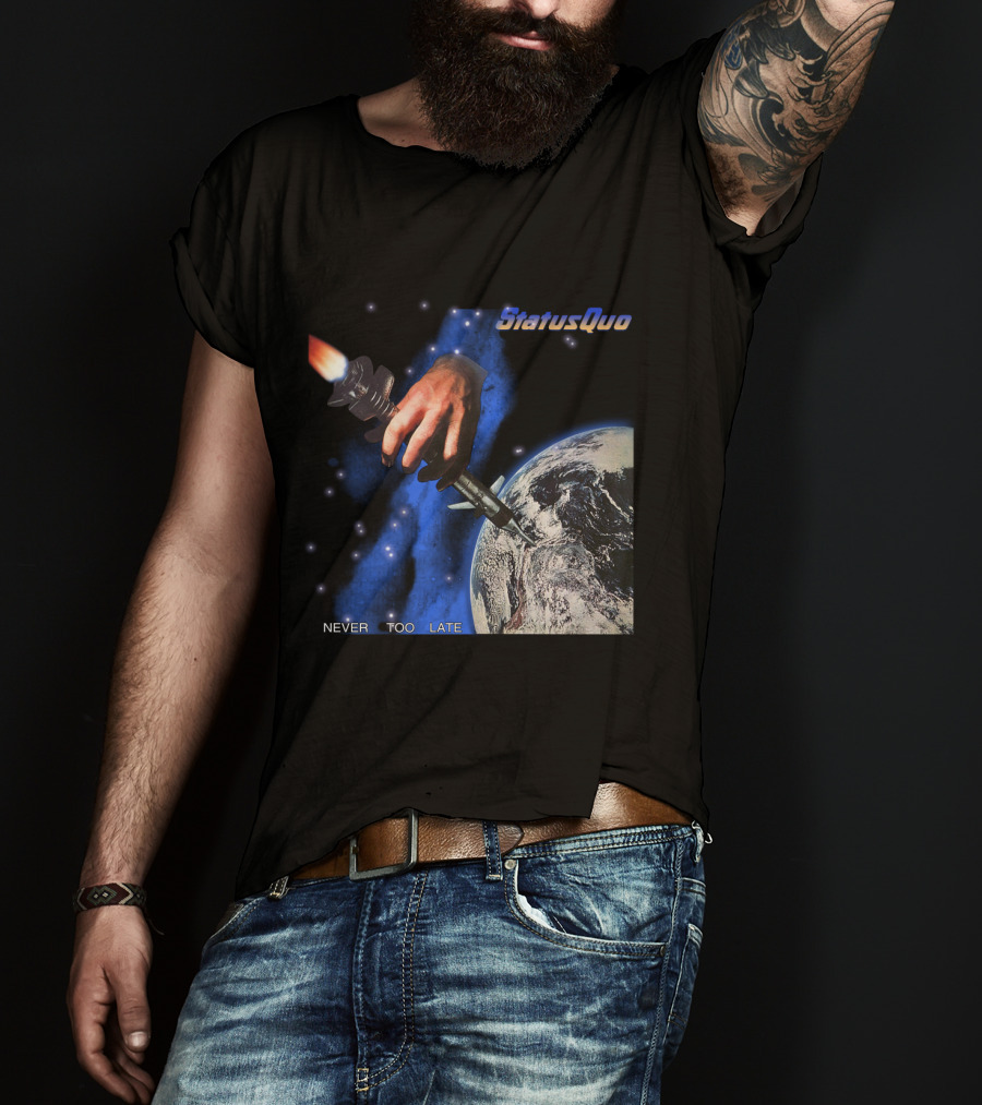 Status Quo Never Too Late Album Cover Space Hand Rocket Earth T-Shirt