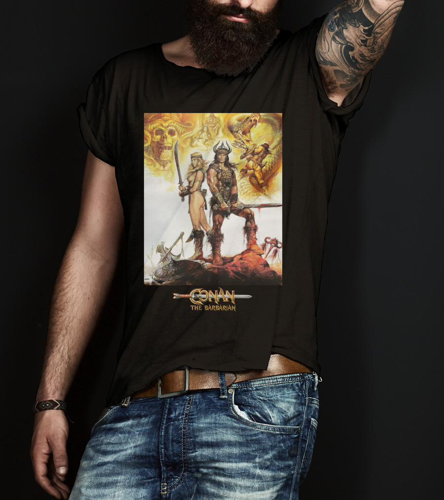 Conan The Barbarian Sword Skulls Warrior Fantasy Art T-Shirt