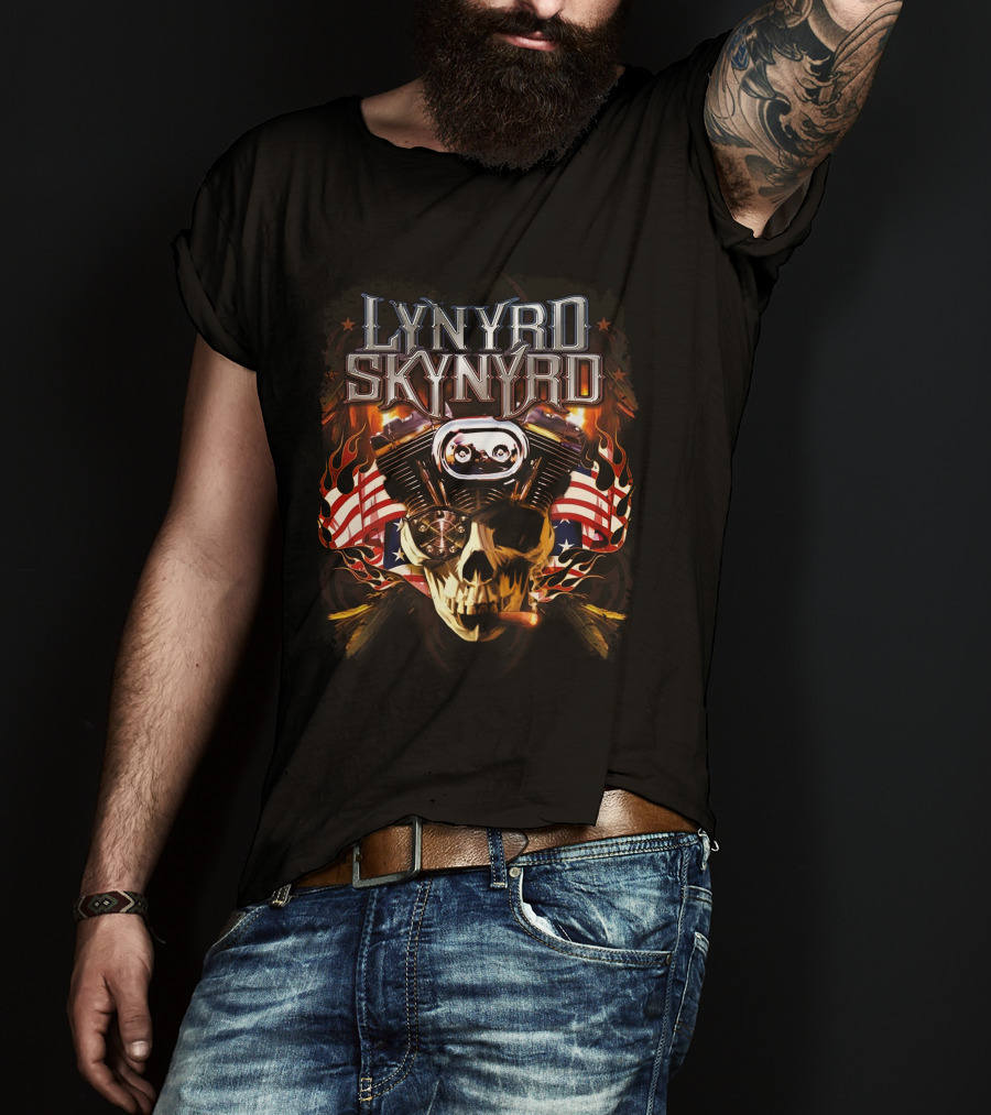Lynyrd Skynyrd Skull Engine American Flag Flames T-Shirt