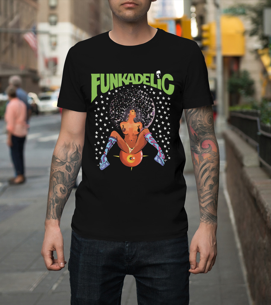 Funkadelic Psychedelic Art With Stars And Character On Black T-Shirt