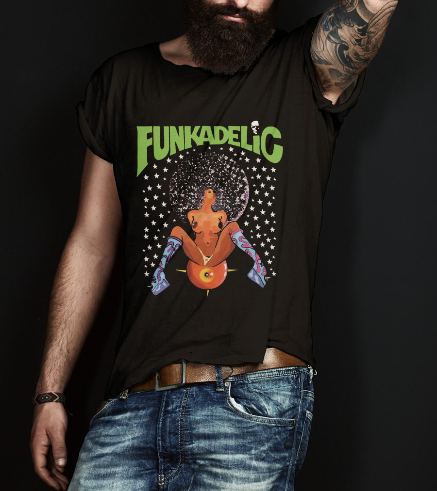 Funkadelic Psychedelic Art With Stars And Character On Black T-Shirt