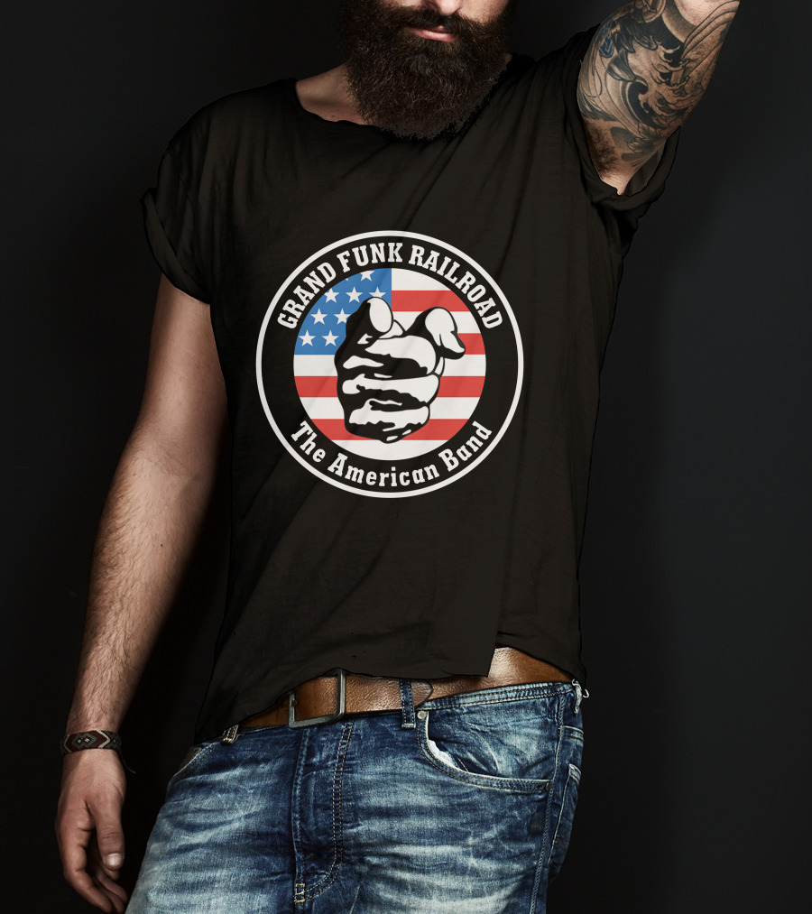 Grand Funk Railroad The American Band Logo With Pointing Hand On Usa Flag T-Shirt