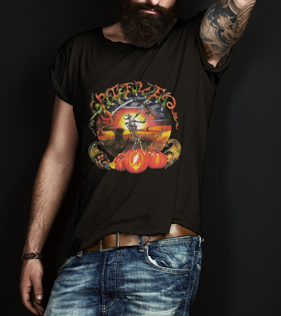 Grateful Dead Autumn Harvest Skeleton With Scythe And Pumpkins T-Shirt