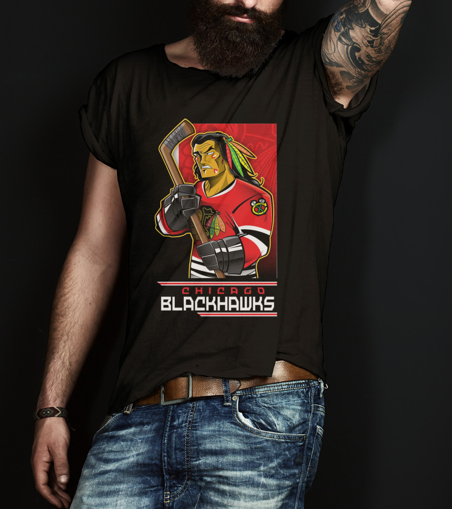Chicago Blackhawks Hockey Player With Logo And Feathered Headdress T-Shirt