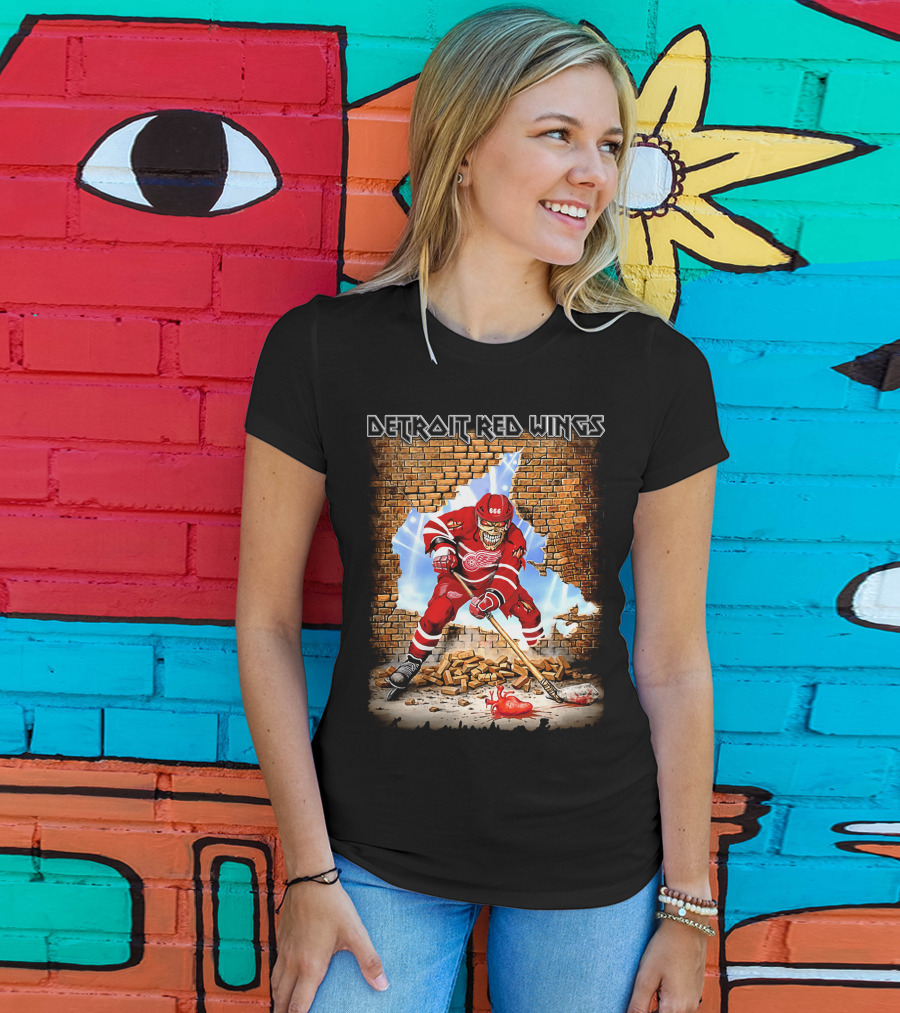 Detroit Red Wings Brick Wall Skeleton Hockey Player With Red Jersey And Ice Stick T-Shirt