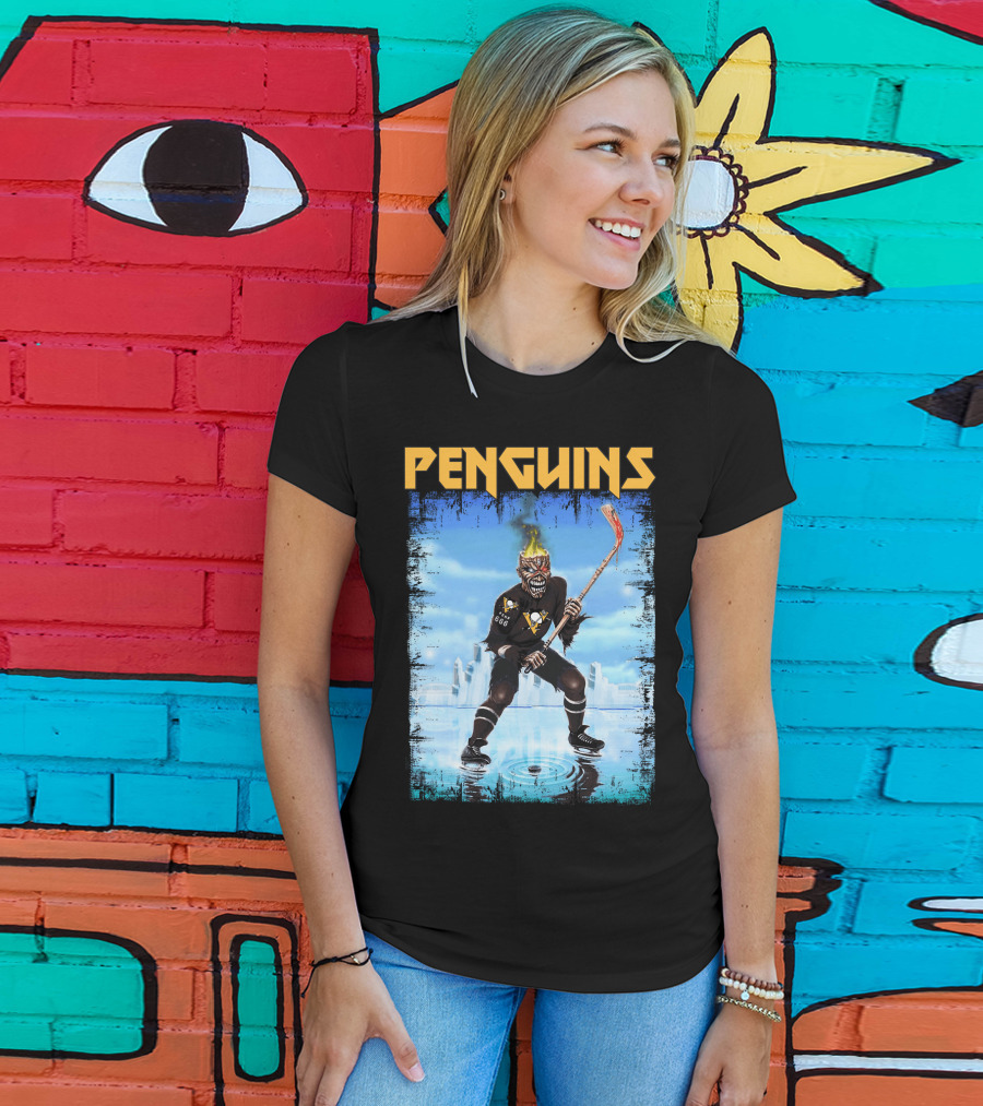 Penguins Hockey Skeleton With Flaming Skull And Hockey Stick In Pittsburgh Skyline T-Shirt