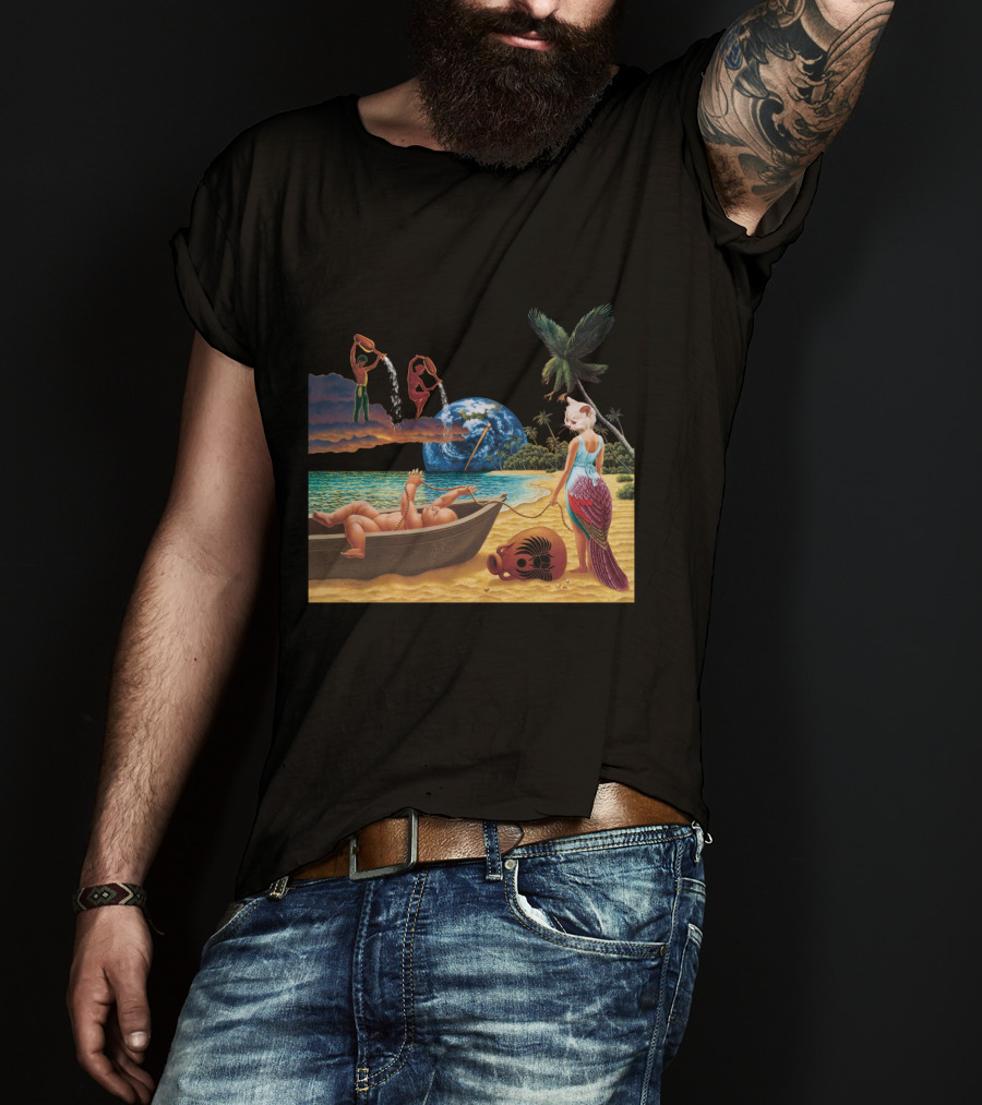 Cosmic Beach Scene With Mermaid And Planet Earth T-Shirt