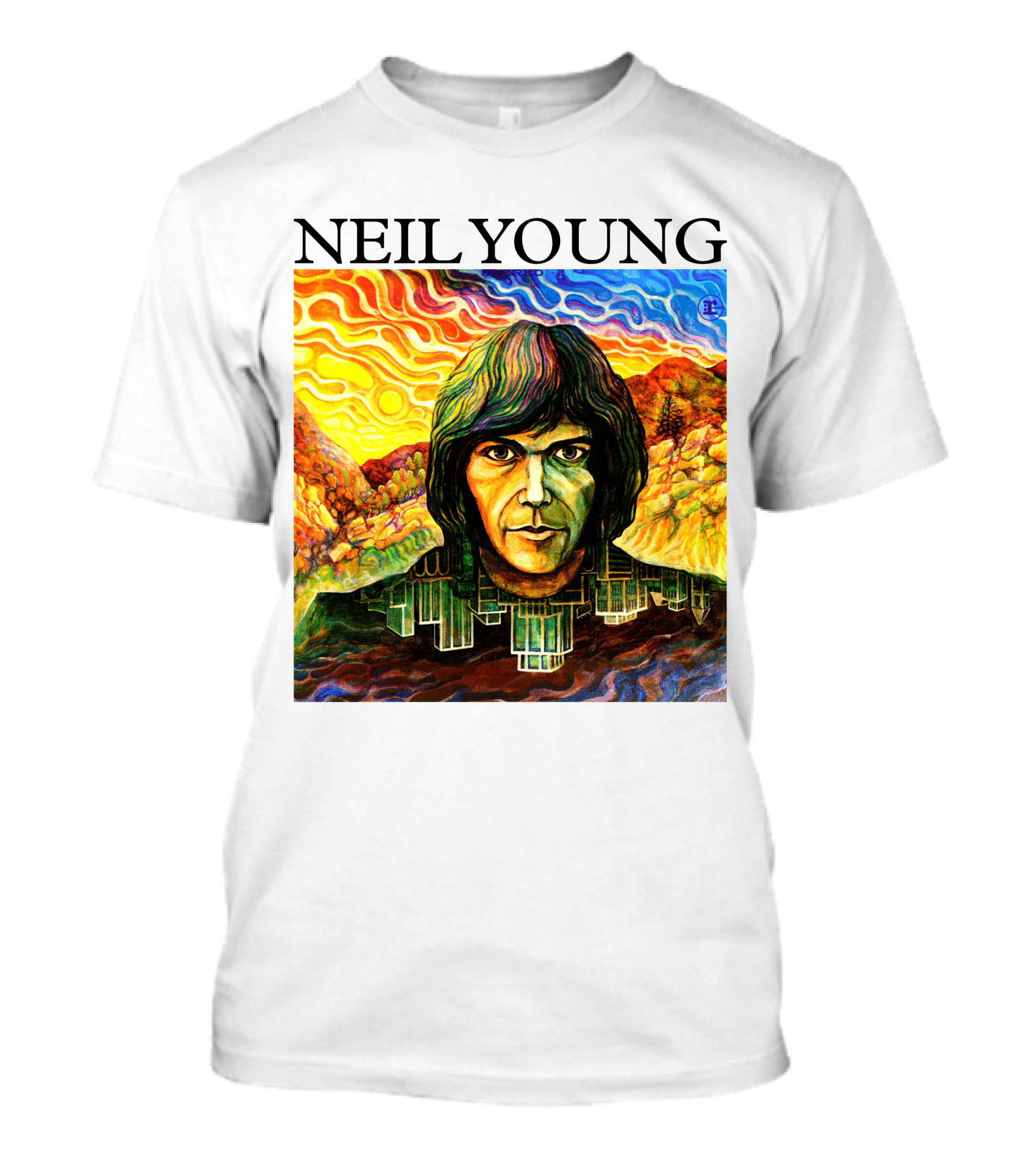 Neil Young Vibrant Portrait And Cityscape Fusion T-Shirt