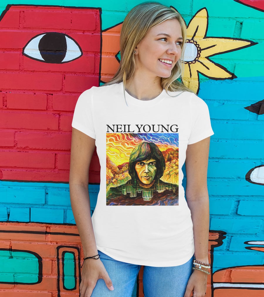 Neil Young Vibrant Portrait And Cityscape Fusion T-Shirt