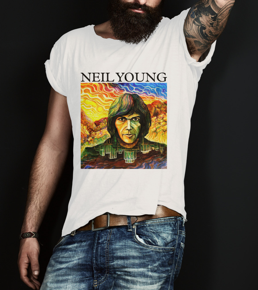 Neil Young Vibrant Portrait And Cityscape Fusion T-Shirt