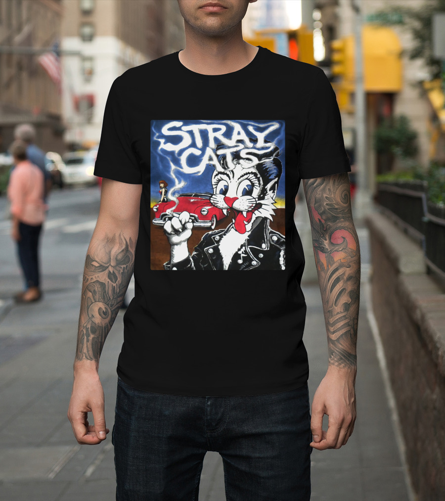 Stray Cats Rockabilly Cat And Classic Car Scene T-Shirt