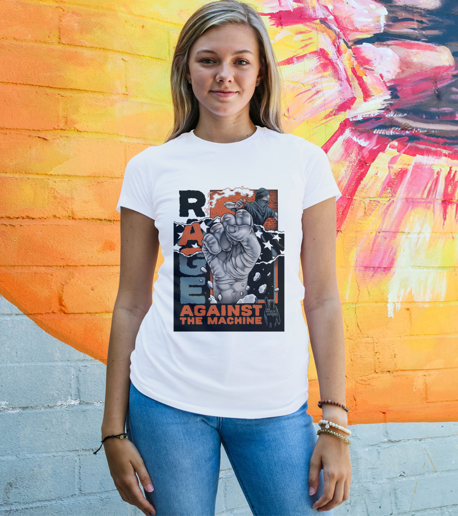 Rage Against The Machine Fist With Star Pattern And Hooded Figure T-Shirt